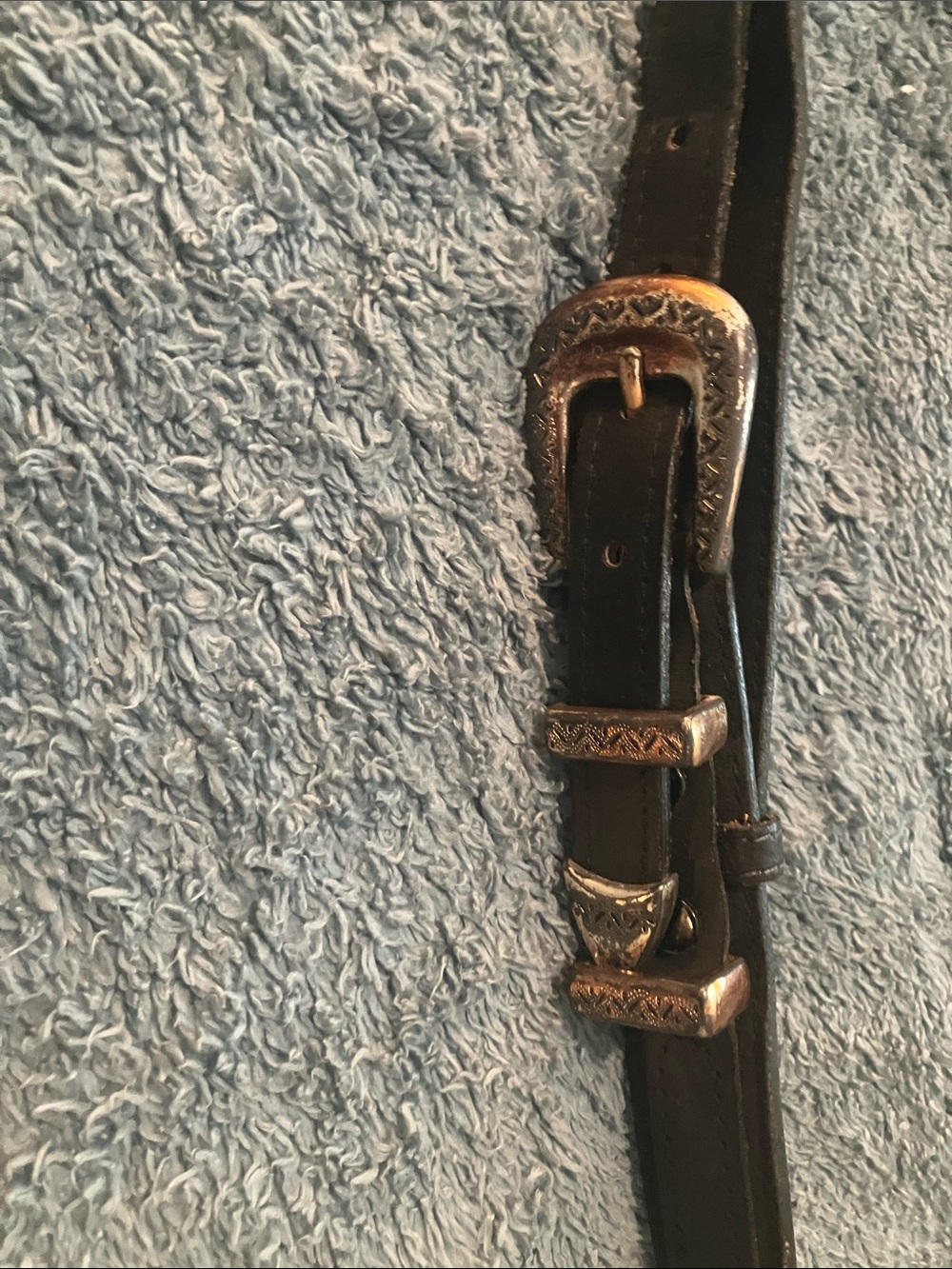 Black Leather Western-style Belt with Engraved Silver Buckles